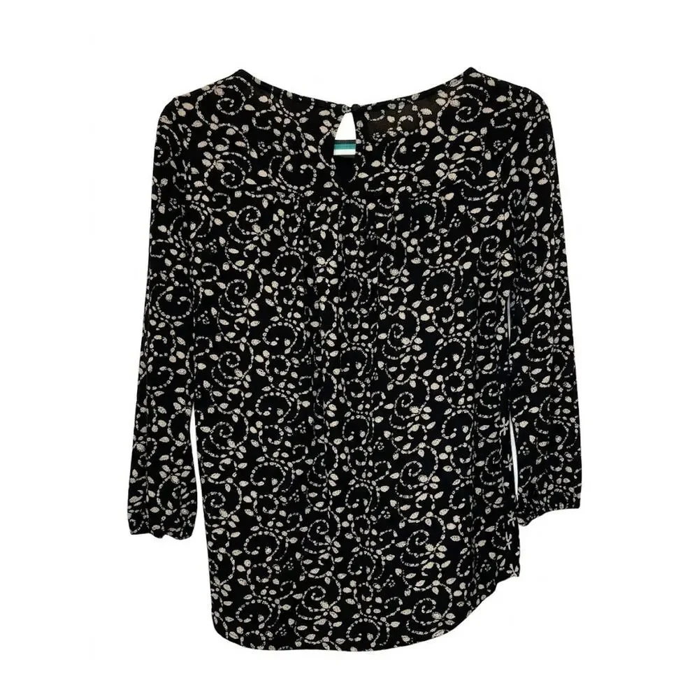 Lucky Brand Women's Small Boho Peasant Blouse Embroidered Black White Teal Top - Picture 3 of 9